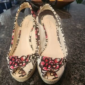 Coach Black and Hot Pink Poppy Espadrilles Chic Style With Black Ribbon Ties.